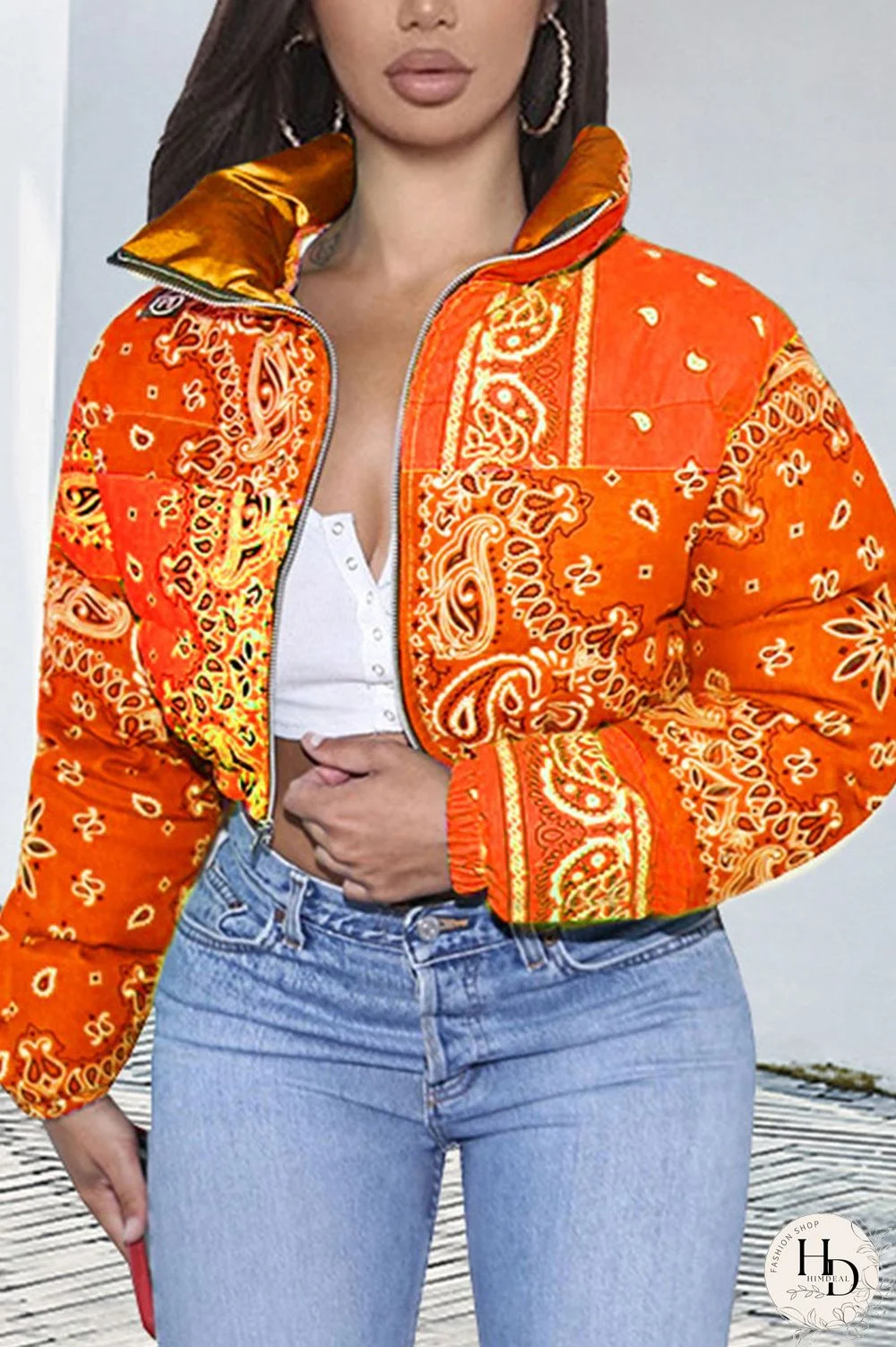 Orange Fashion Casual Print Cardigan Outerwear（Batch Printing，Irregular Printing）