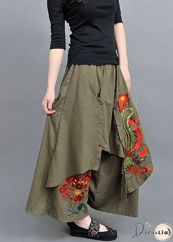 New Army Green Asymmetrical Embroidered Cotton Pants Skirt Spring
