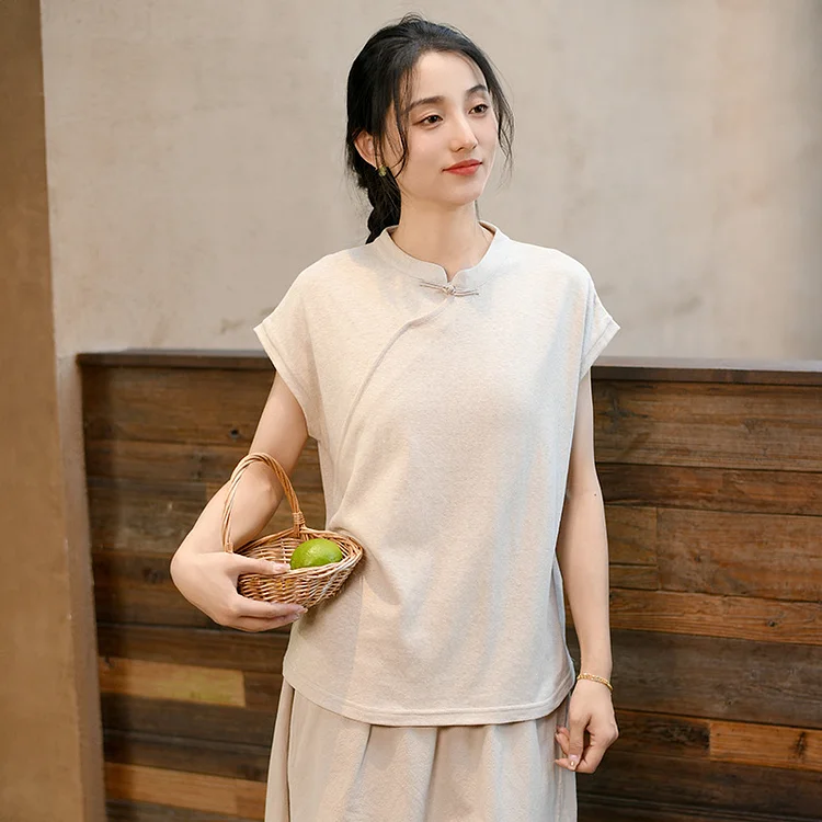 Vintage Cotton Linen Short Sleeve T-Shirt