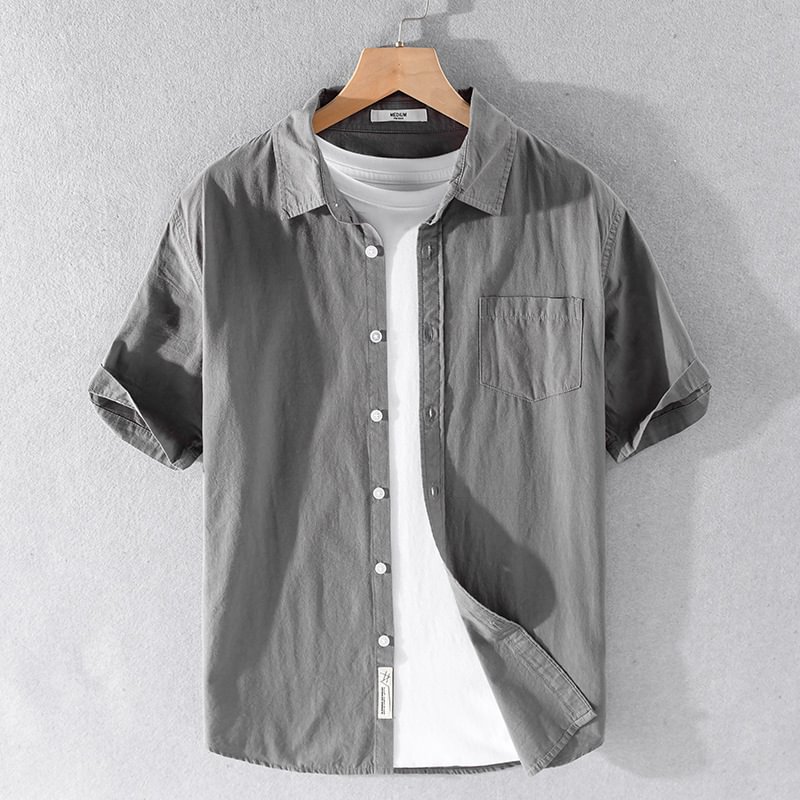 Men's casual pocket solid color cotton and linen shirt