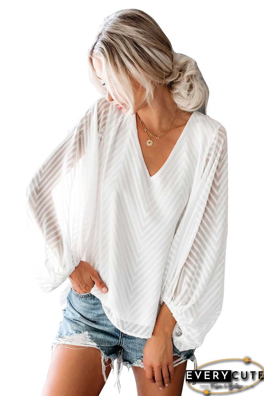 White Balloon Sleeve Textured Blouse
