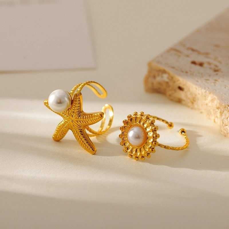 Beach Round Starfish 304 Stainless Steel Pearl 18K Gold Plated Plating Inlay Open Rings