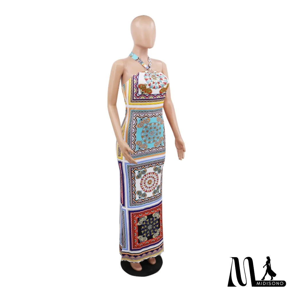 MidiSono - Print Low Back Sexy Slit Halter Long African Dress