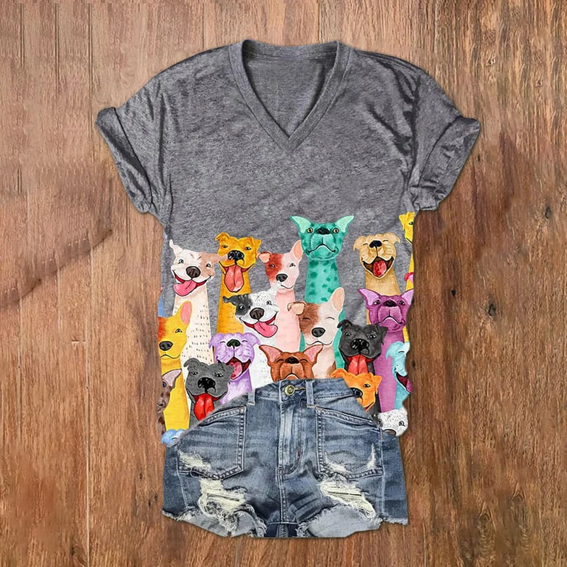 Fun Colorful Dogs Print V-Neck T-Shirt