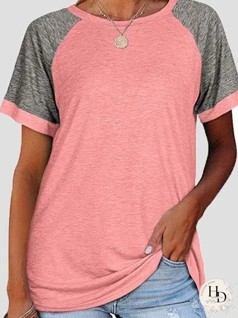 Casual Round Neck Short Sleeve Two Color T-shirts for Women