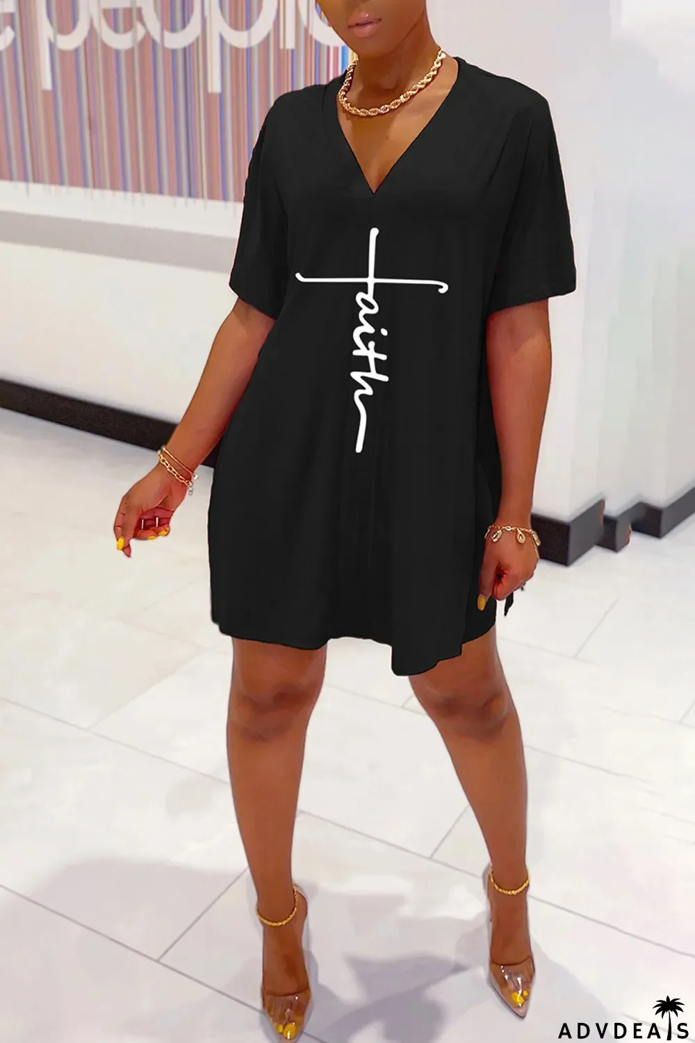 Tangerine Red Casual Print Split Joint V Neck Short Sleeve Two Pieces