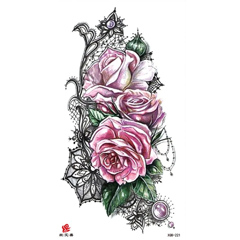 Sdrawing Temporary Tattoo Sticker Flash Tattoos Skull Snake Wolf Blue Pink Rose Flowers Body Art Arm Fake Sleeve Tatoo Women