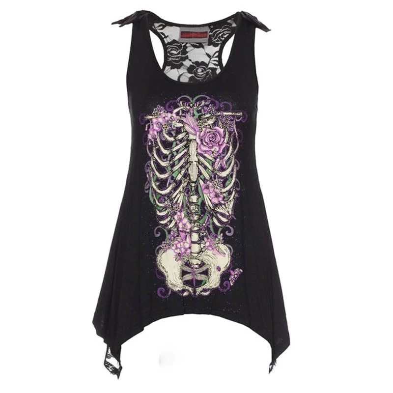2021 Summer Womens Fashion Flowered Skull Printed Goth Top Women Lace Back Tank Top O-Neck tshirts Vest Halter Sleeveless Top