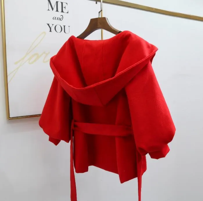 2020 Women Woolen Coat Solid Color Hooded Waist Strap Female Jacket