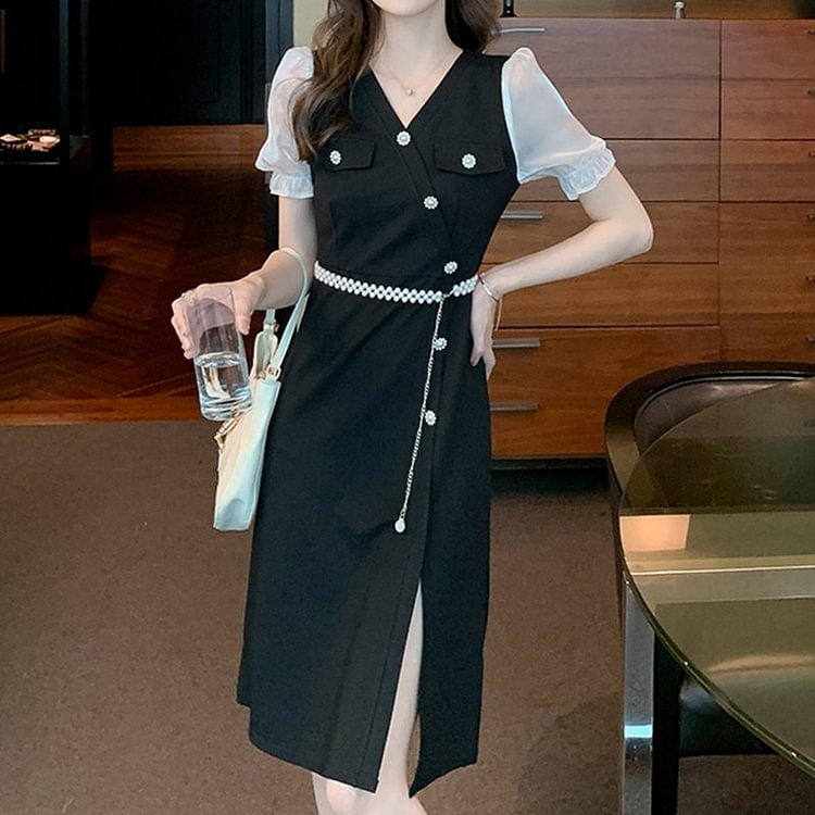Black Paneled Short Sleeve Casual Dresses QueenFunky