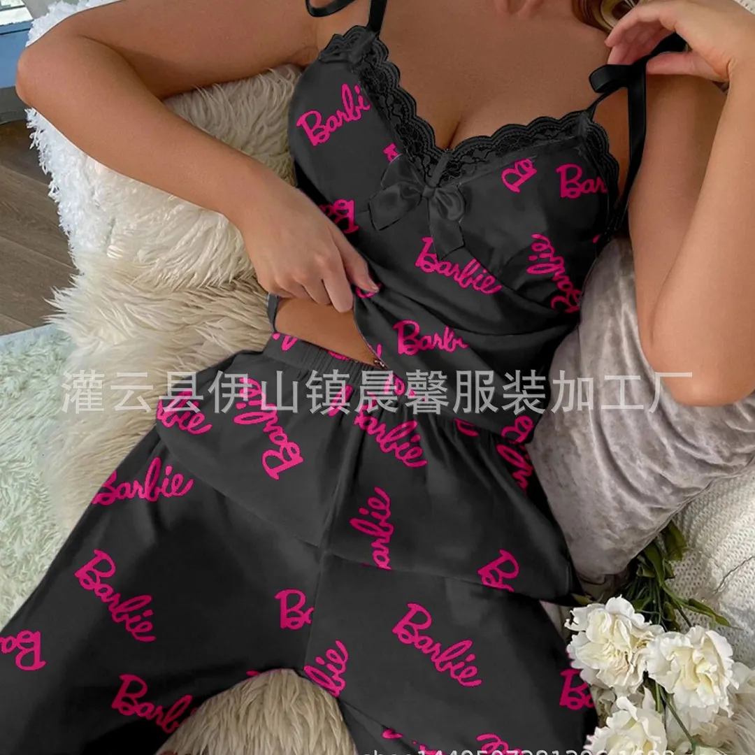 Brownm Summer New Sexy Sling Lace Pyjamas Women Summer Printing Leisure Can Wear Home Clothes Trousers Set