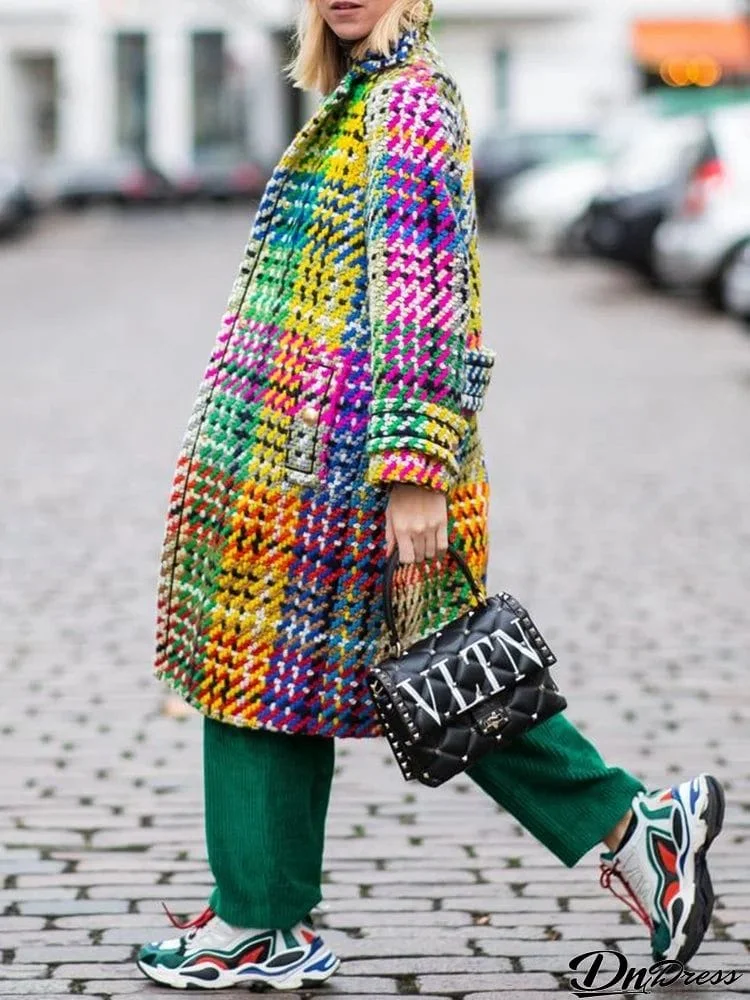 Stylish Loose Plaid Multi-Colored Lapel Collar Long Cardigan Woolen Coats