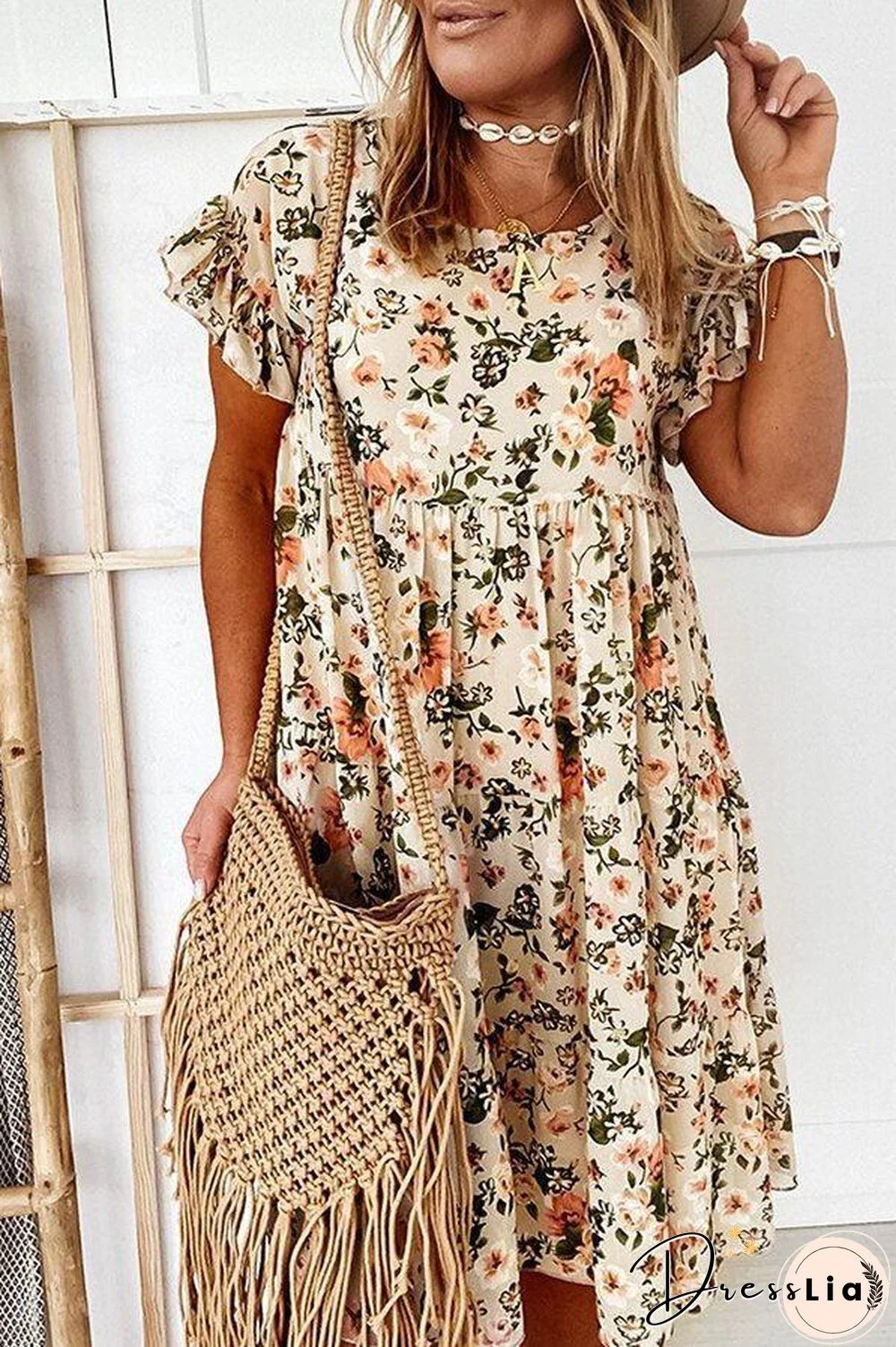 Floral Print Ruffle Sleeve Dress