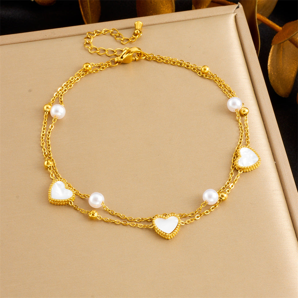 Fashionable And Simple Colorful Fine Glitter Shell Butterfly Double Layered Beach Style Stainless Steel Chain Pearl Starfish Anklet