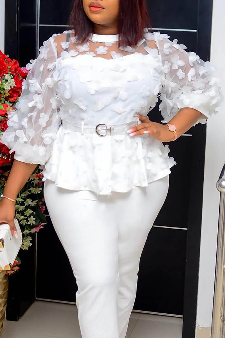 Plus Size Semi Formal Blouse White Cubic Flowers See-Through Tulle Blouse (Without Belt) 