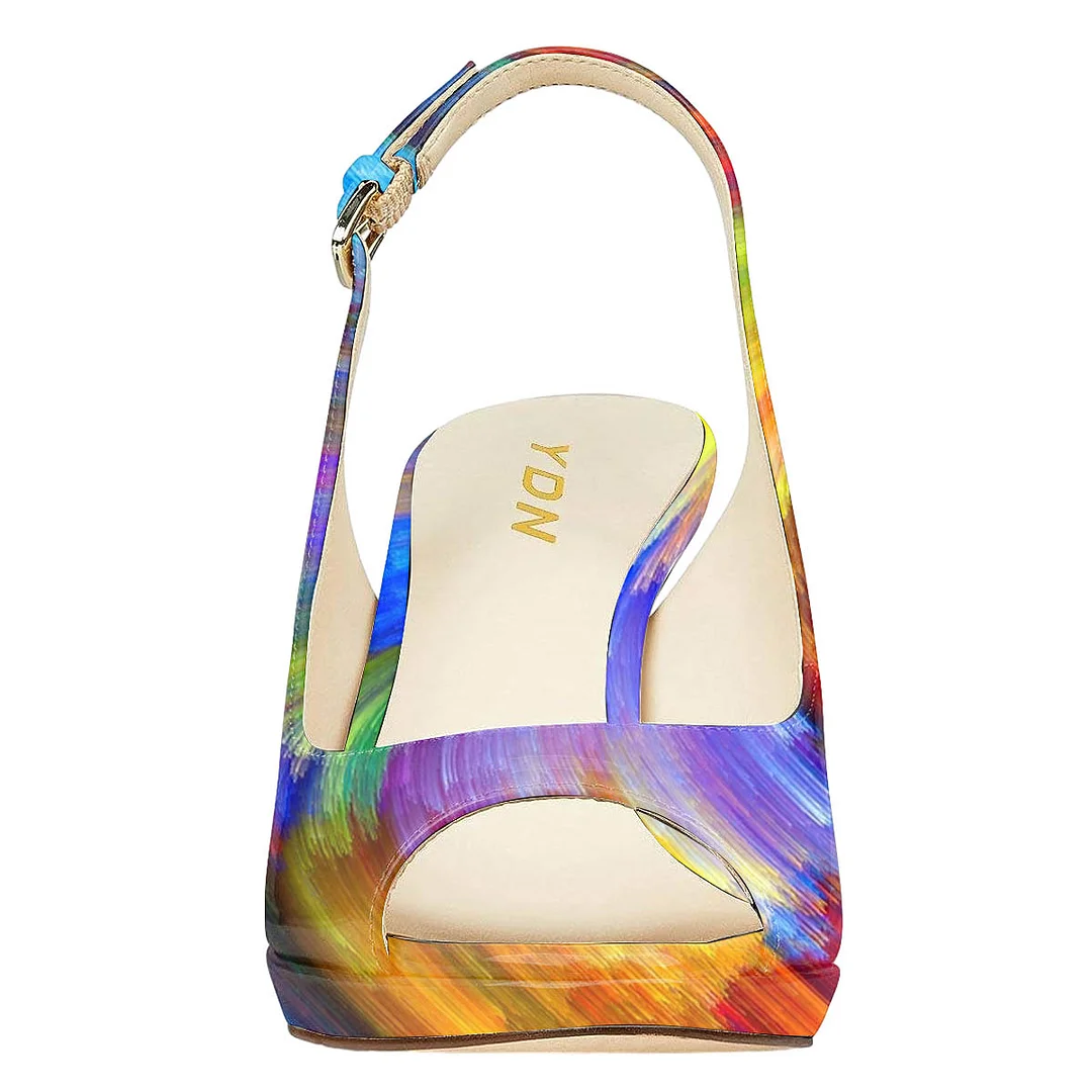 Blue Patent Leather Colorful Shaded Printed Elegant High Heel Sandals