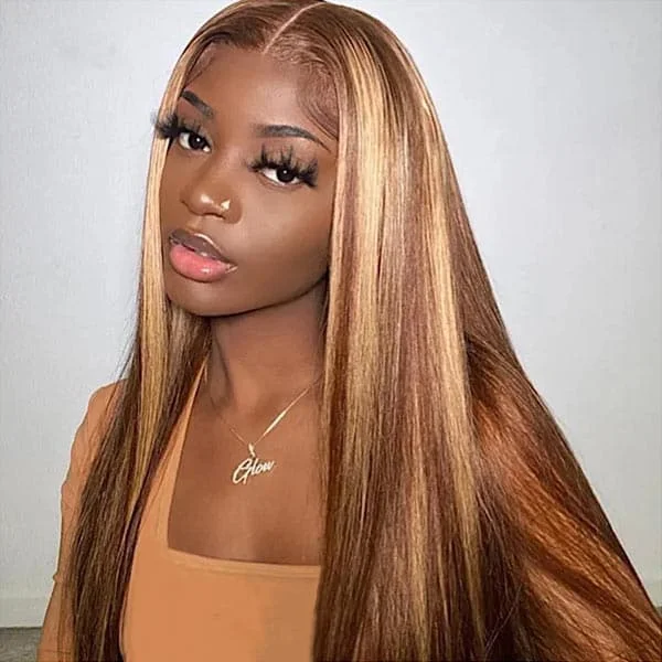 XSYWIG 4/27 Straight Highlight Colored Lace Front Wigs Transparent T Part Wig With Baby Hair