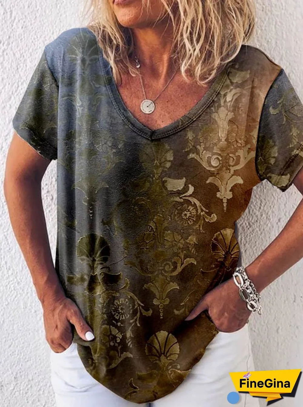 Short Sleeve Boho Cotton-Blend Paisley T-shirt