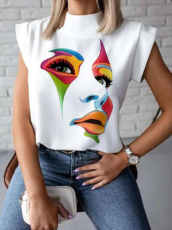 Original Casual High-Neck Cap Sleeves Face Stamped T-Shirt Top