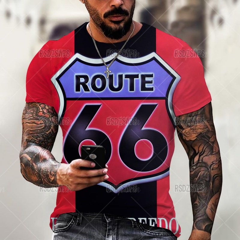 Route 66  Pattern Street Personality Wild Loose Short-Sleeved Men's T-shirts-VESSFUL