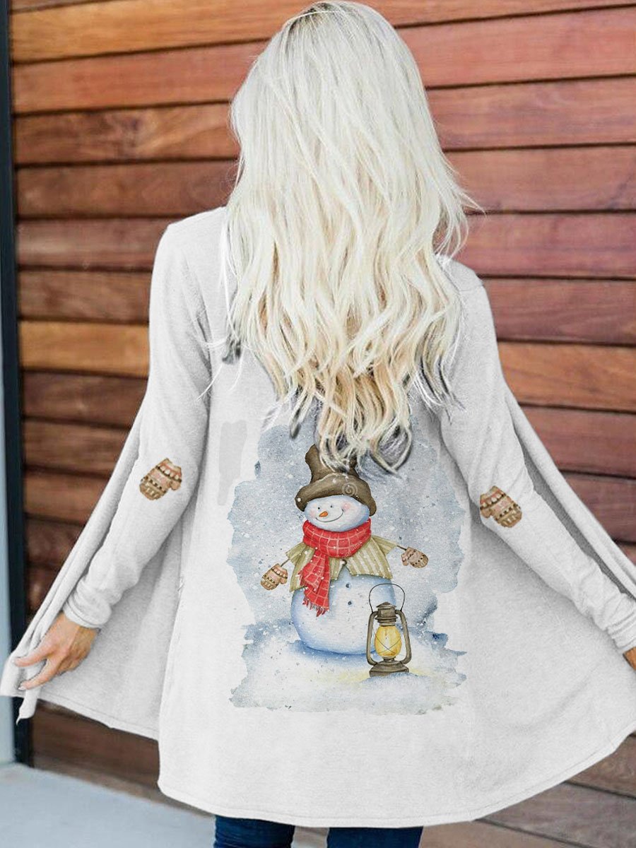 Women's Christmas Cute Gloves Snowman Print Cardigan