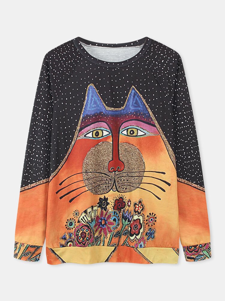 Cartoon Cat Floral Print O neck Long Sleeve Casual T shirt for Women P1815639