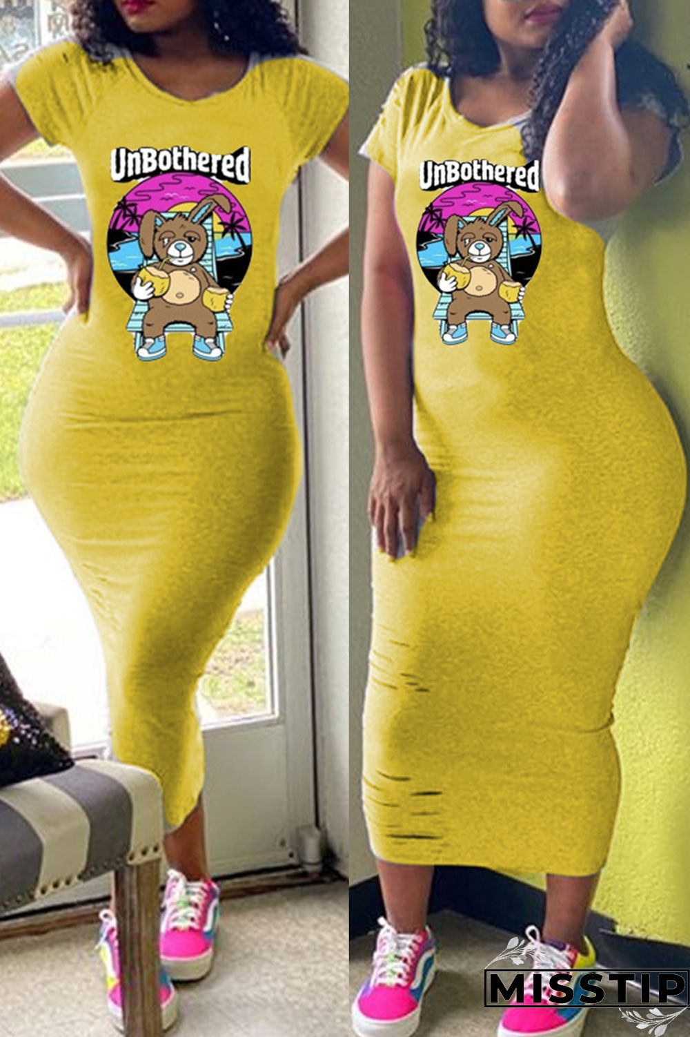Grey Fashion Casual Cartoon Print Ripped O Neck Short Sleeve Dress