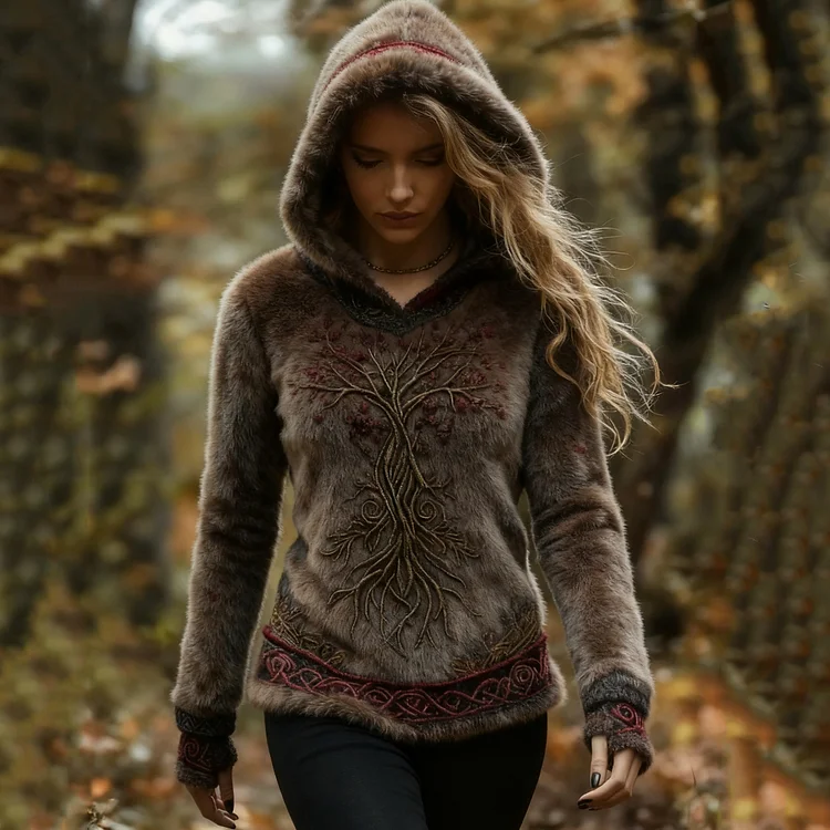 Women's Vintage Viking Tree Of Life Pattern Plush Cozy Hoodie