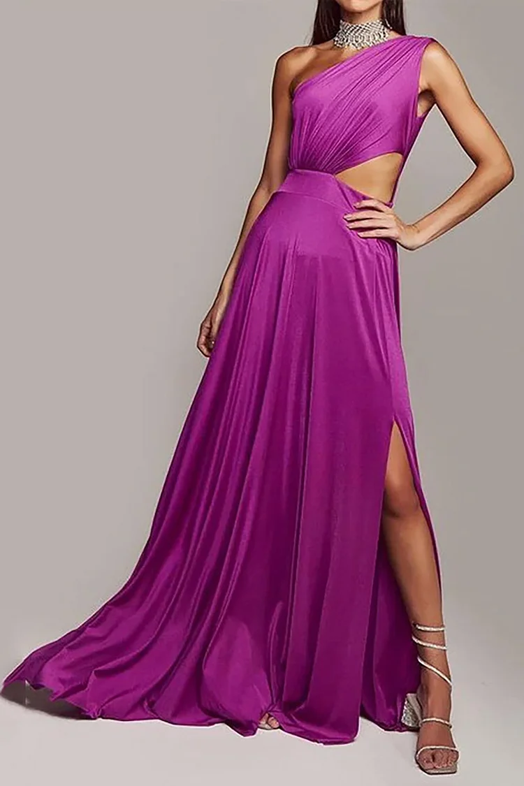 One Shoulder Boat Neck Cutout Pleated High Slit Gown Satin Maxi Dress