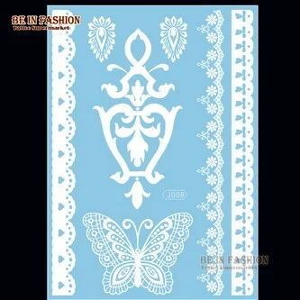 1sheet White Lace Henna Flash Tattoo Butterfly Feather Fake Temporary Tatoo Sticker Summer Style Body Art Beauty Jewelry J017
