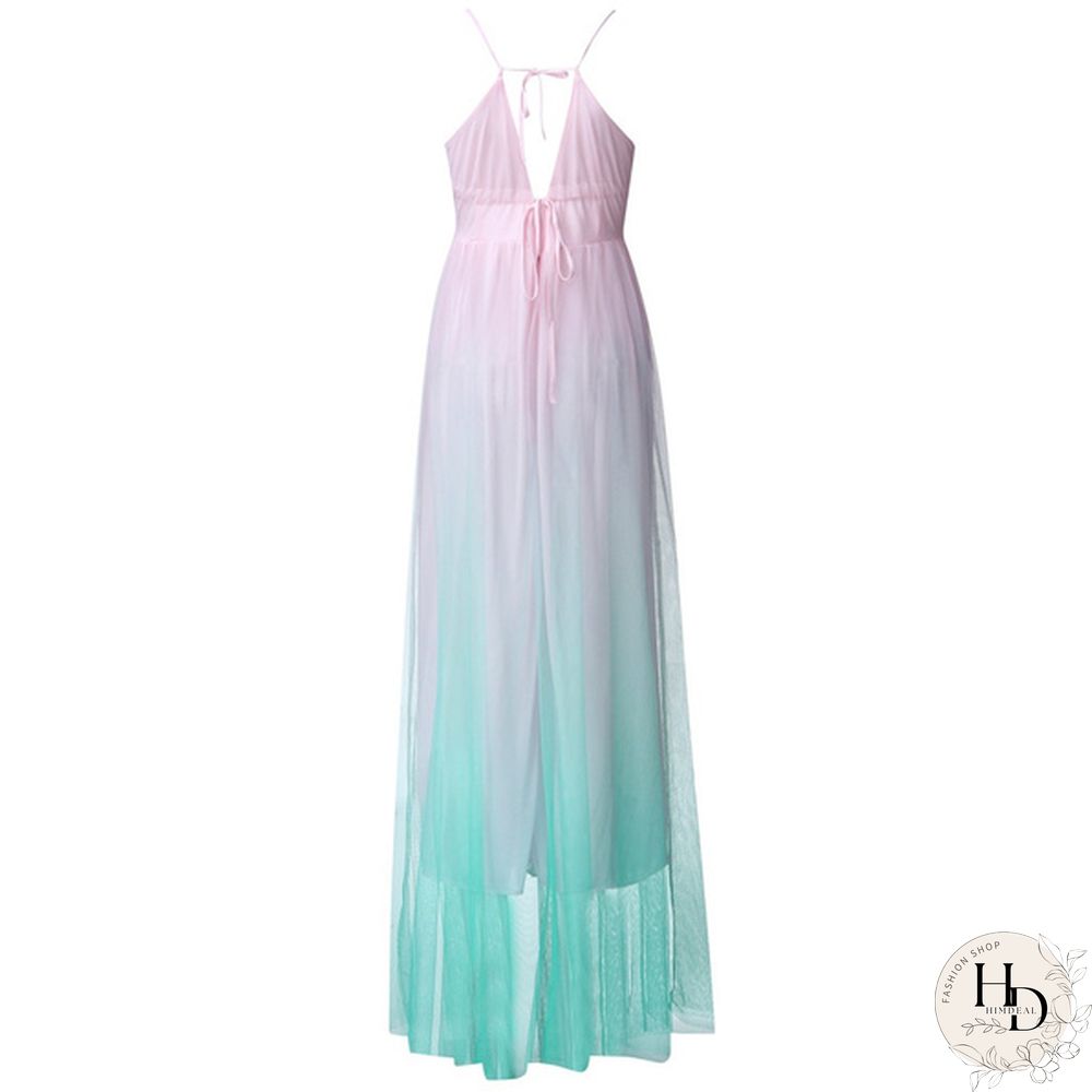 Women Fashion Gradient Mesh Beach Dress Boho Hanging Neck Party Big Swing Dress