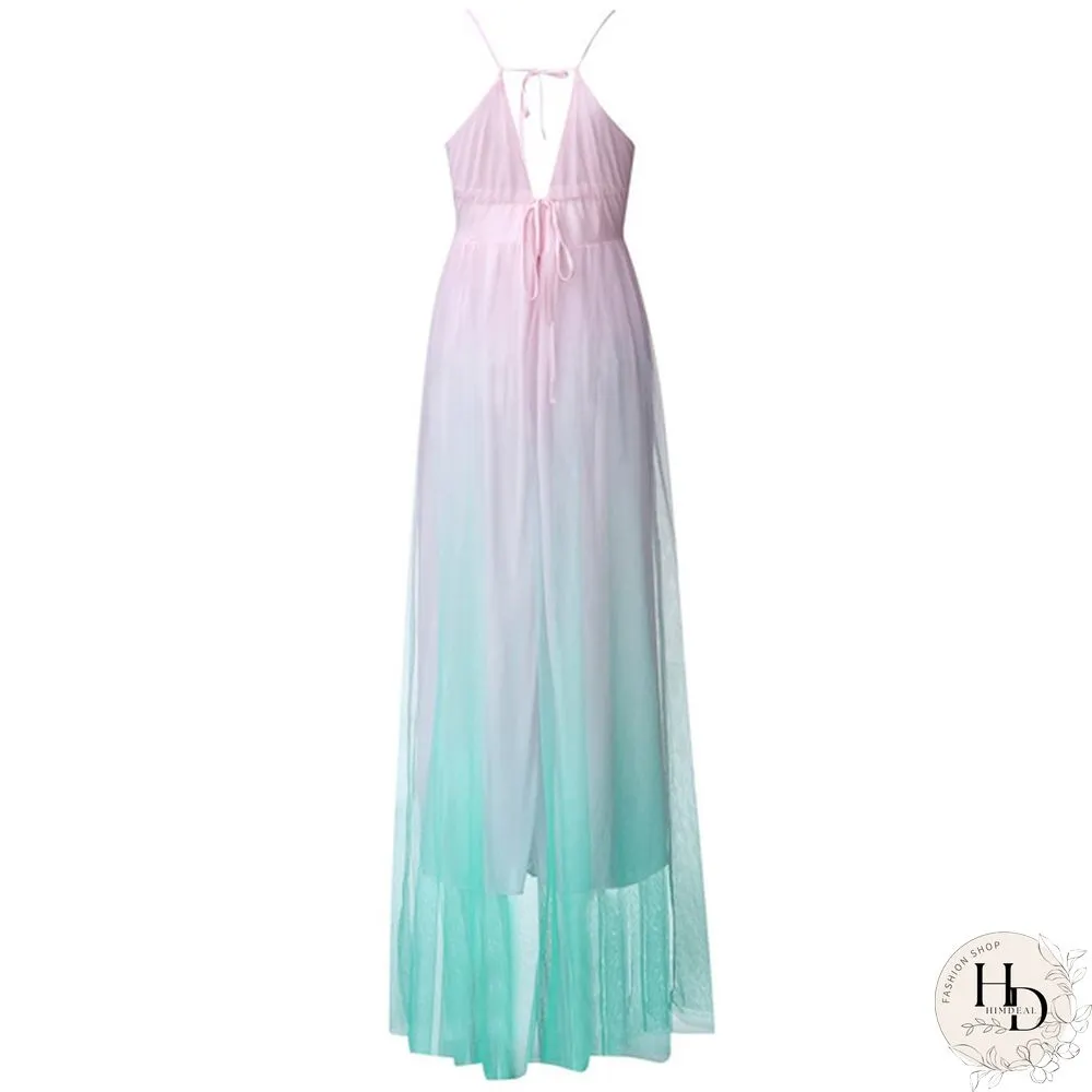 Women Fashion Gradient Mesh Beach Dress Boho Hanging Neck Party Big Swing Dress