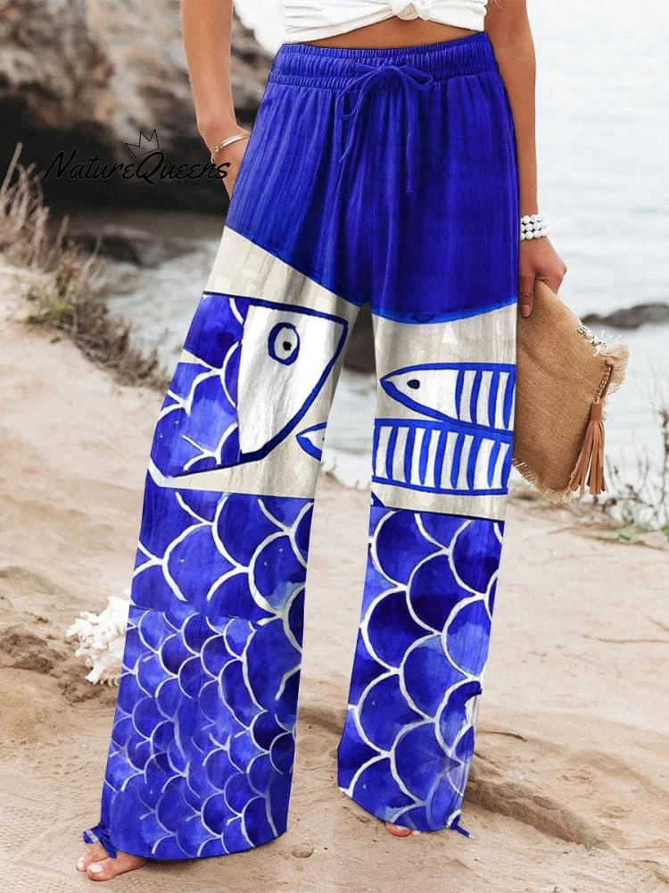 Women's  Fish  Art Printed Cotton And Linen Casual Pants