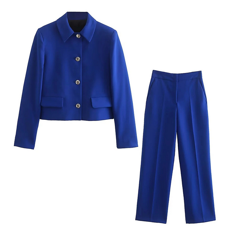 Fashion Blue Solid Color Blazer Two Piece Set