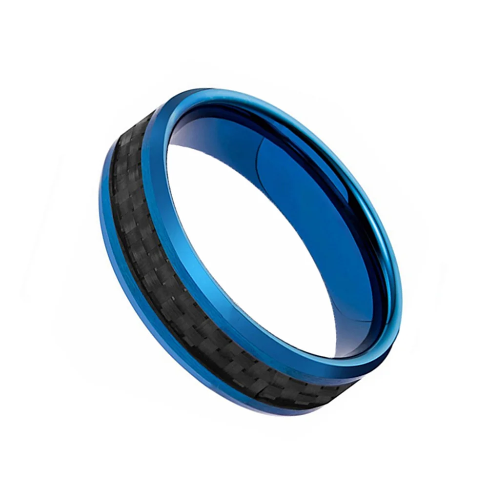 6MM 8MM Blue Tungsten Carbide Mens Rings Black Carbon Fiber Inlay Polished With Beveled Edge