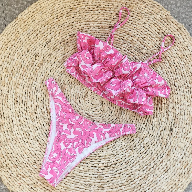 Bandeau Frilled Printed Bikini Swimsuit and Sarong