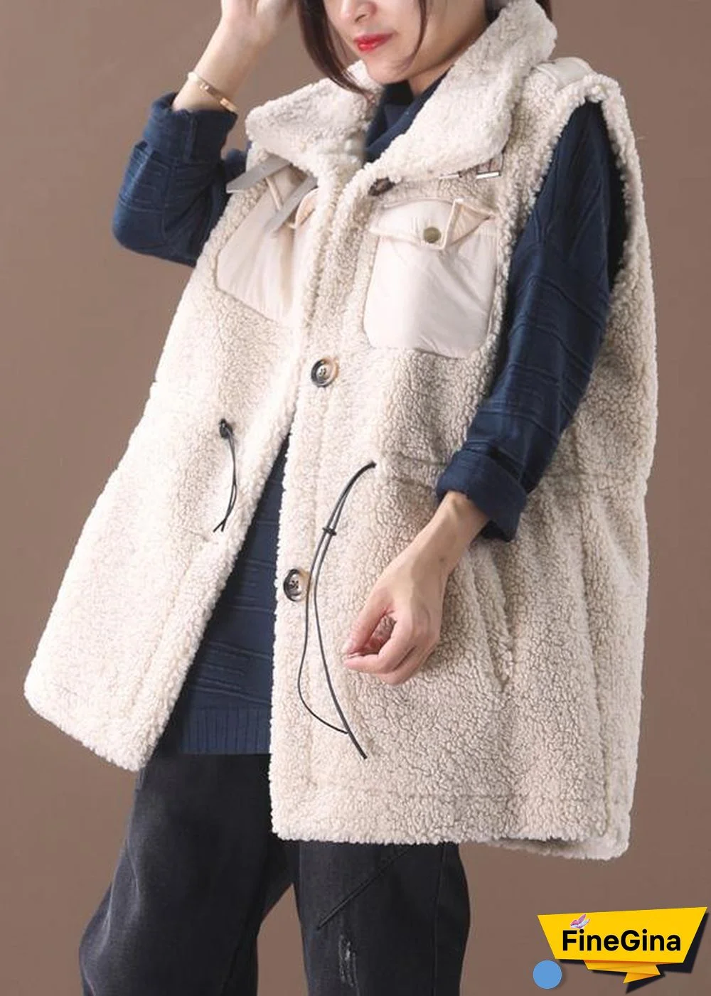 Unique drawstring Plus Size sleeveless maxi coat beige white silhouette women coats