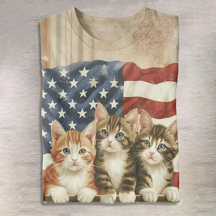 Women's Retro Cute Three Kittens American Flag Print Short-sleeved T-shirt