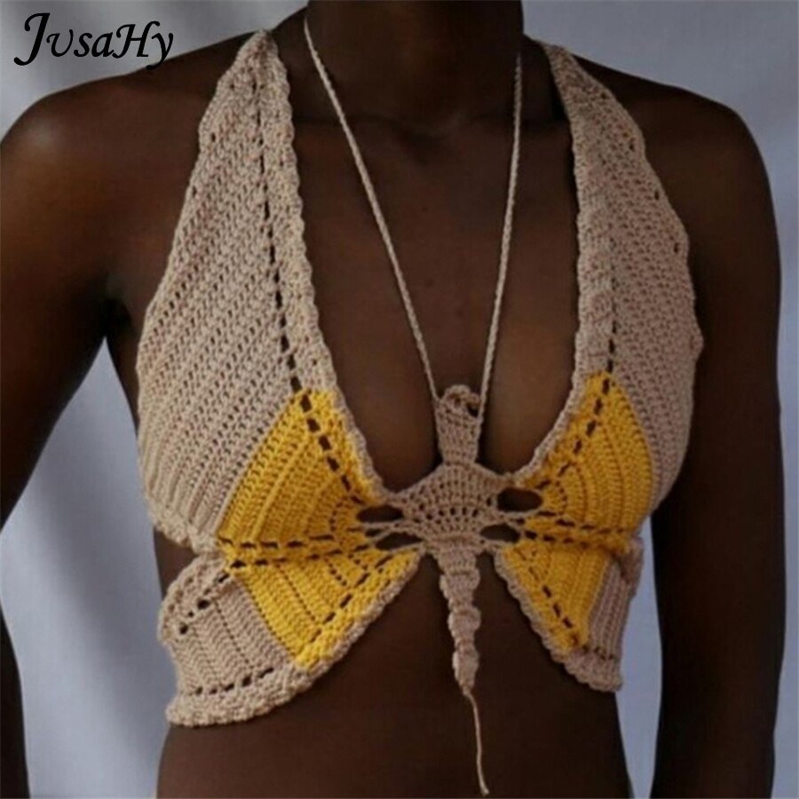 JusaHy Sexy Butterfly Design Y2K Tank Top Women Halter Bandage Sleeveless Knitted Beach Tunic Summer Fashion Party Club Camisole