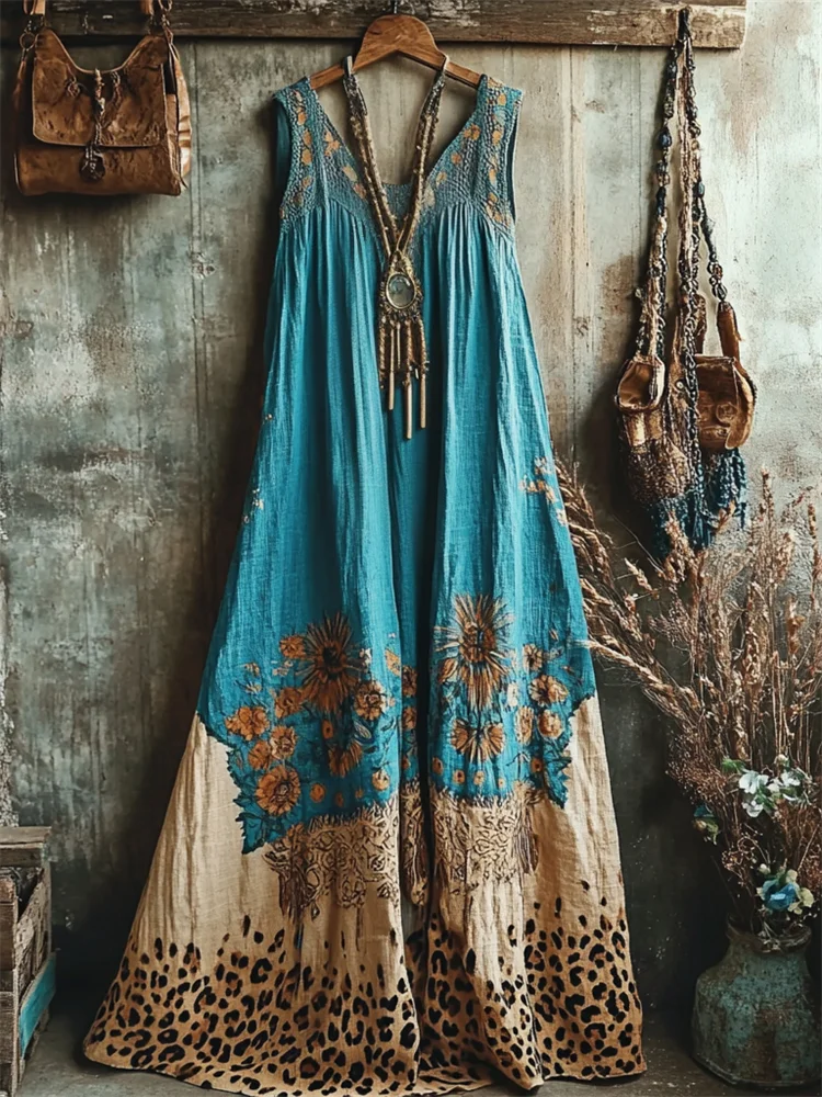 Utbros Boho Floral Leopard Contrast Turquoise Linen Maxi Dress