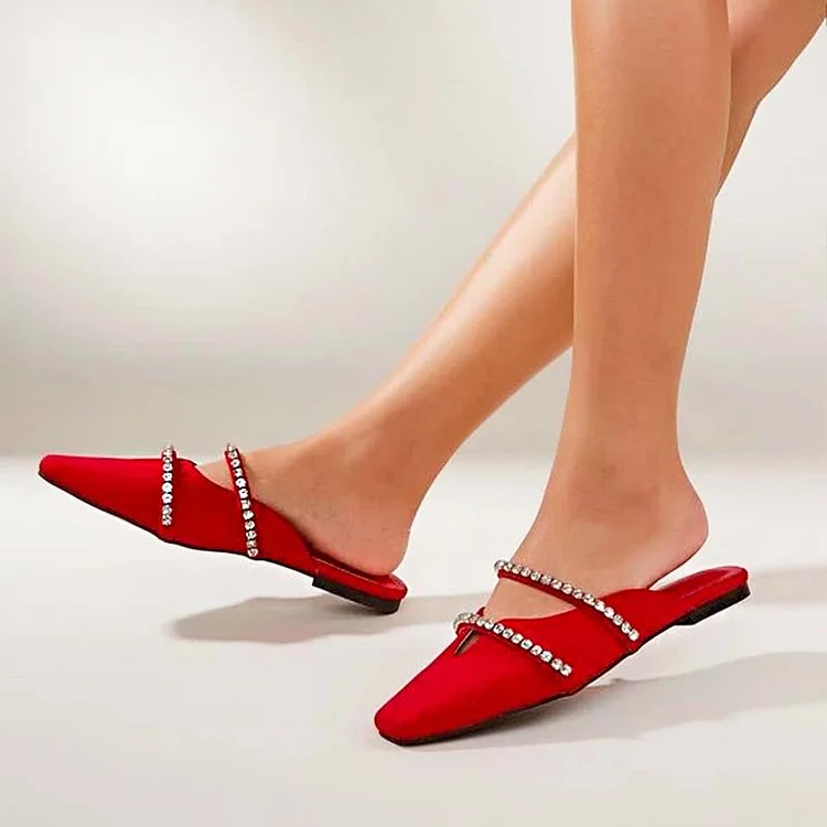 Red Square Toe Cut-Out Flats Women's Rhinestones Mules Shoes |FSJ Shoes