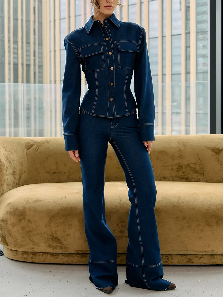 Chic Denim Long Sleeve Pocket Jacket & Flared Pants Set
