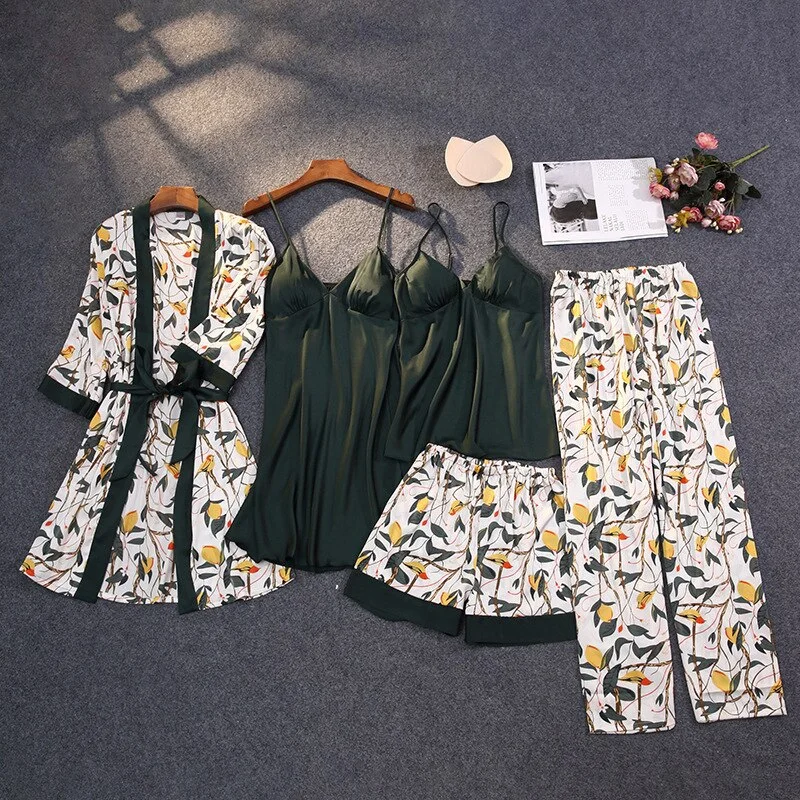 Female Pajamas Five Piece Set Spring Summer Satin Kimono Bath Robe Gown Sleepwear Loose  Print Flower Homewear Lounge Wear
