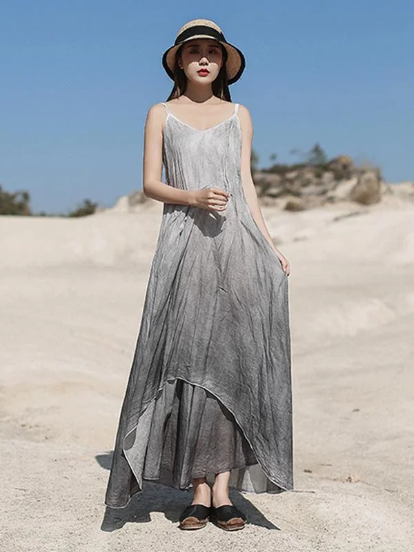 Linen Double-Layer Gradient Sleeveless Maxi Dress