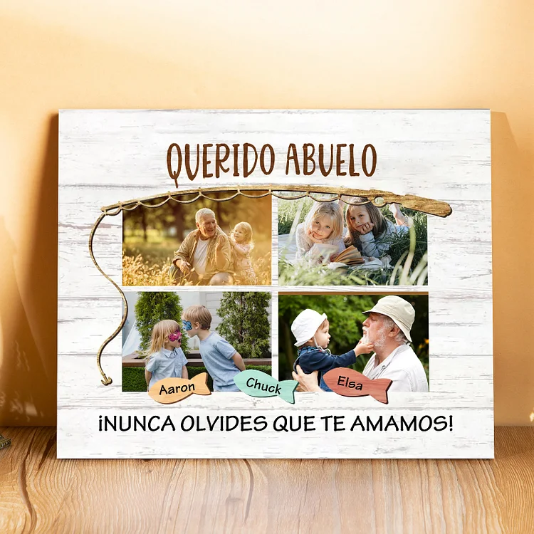 A mi familia- Lámina marco de madera peces 3 nombres y 4 fotos personalizados con 2 textos