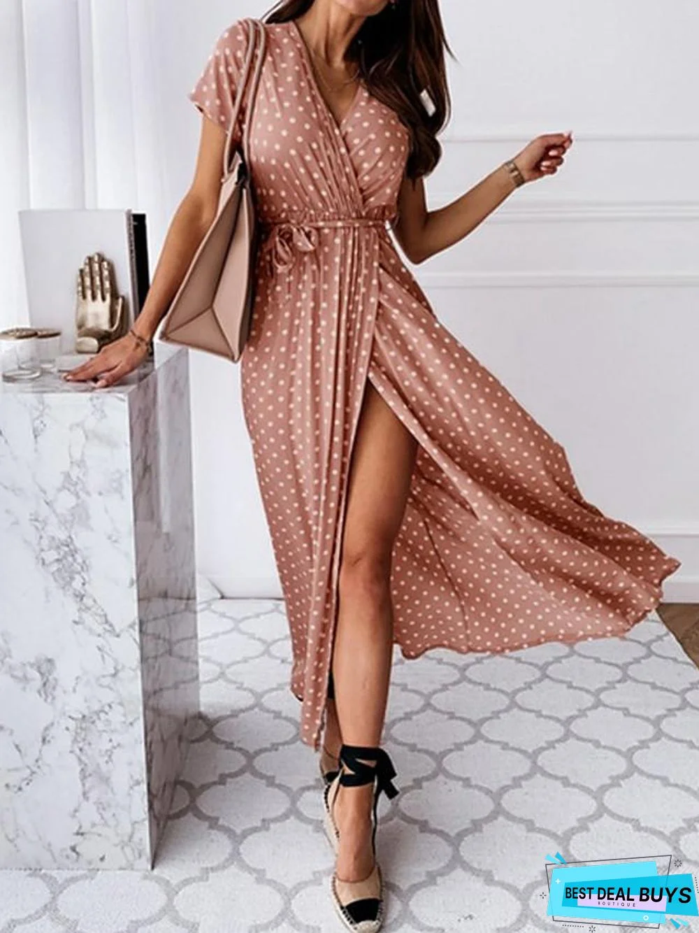 Women's Wrap Dress Maxi Long Dress - Short Sleeve Polka Dot Print Summer V Neck Hot Casual Sexy Black Blue Blushing Pink Dark Green Black Dresses