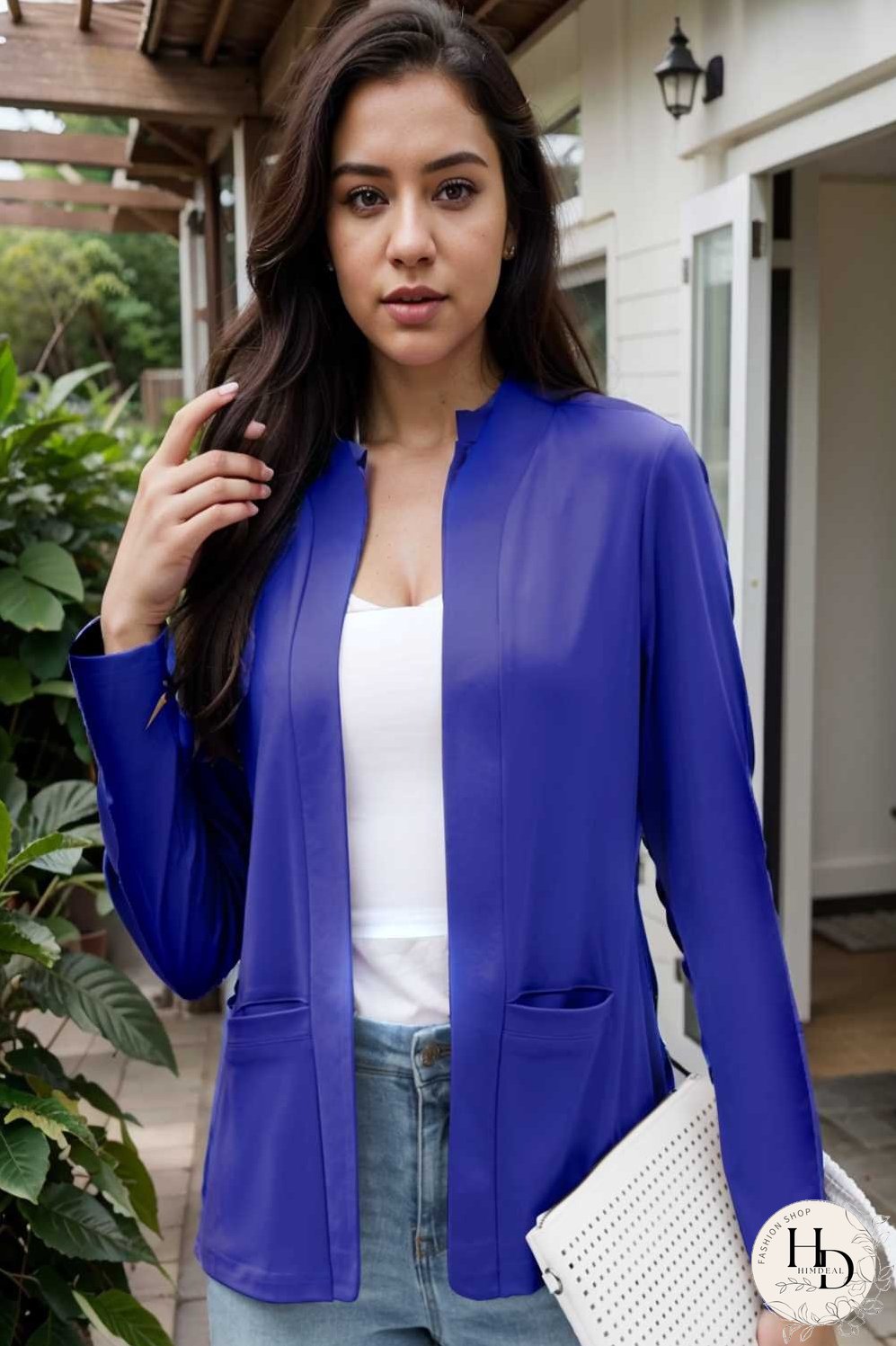 solid long sleeves pockets open front versatile blazer