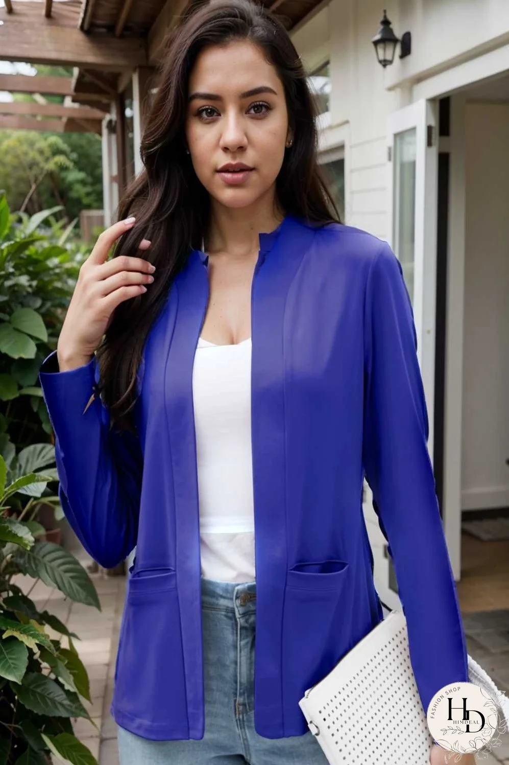 solid long sleeves pockets open front versatile blazer