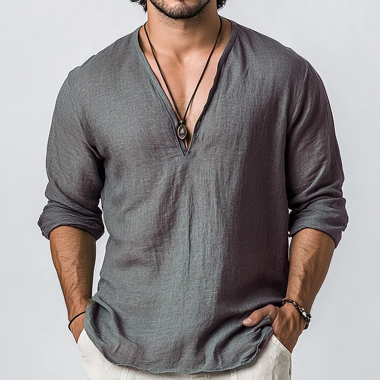 Utbros Men's Solid Color V Neck Casual Linen Shirt