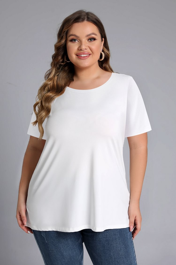 Flycurvy Plus Size Casual White Round Neck Short Sleeve T Shirt  flycurvy [product_label]